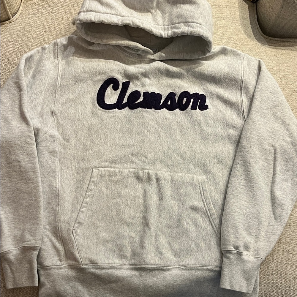 Champion Reverse Weave Hoodie in Light Gray with purple Clemson sewn graphic